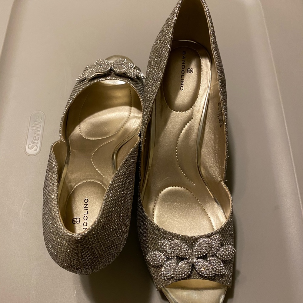 Gold open toe pumps